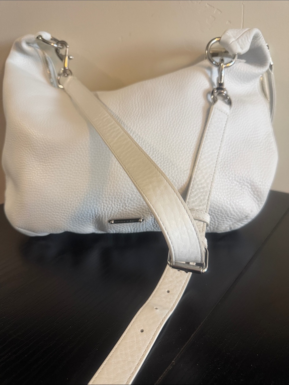 Rebecca Minkoff White Pebbled Leather hobo Shoulder Bag with Silver Hardware